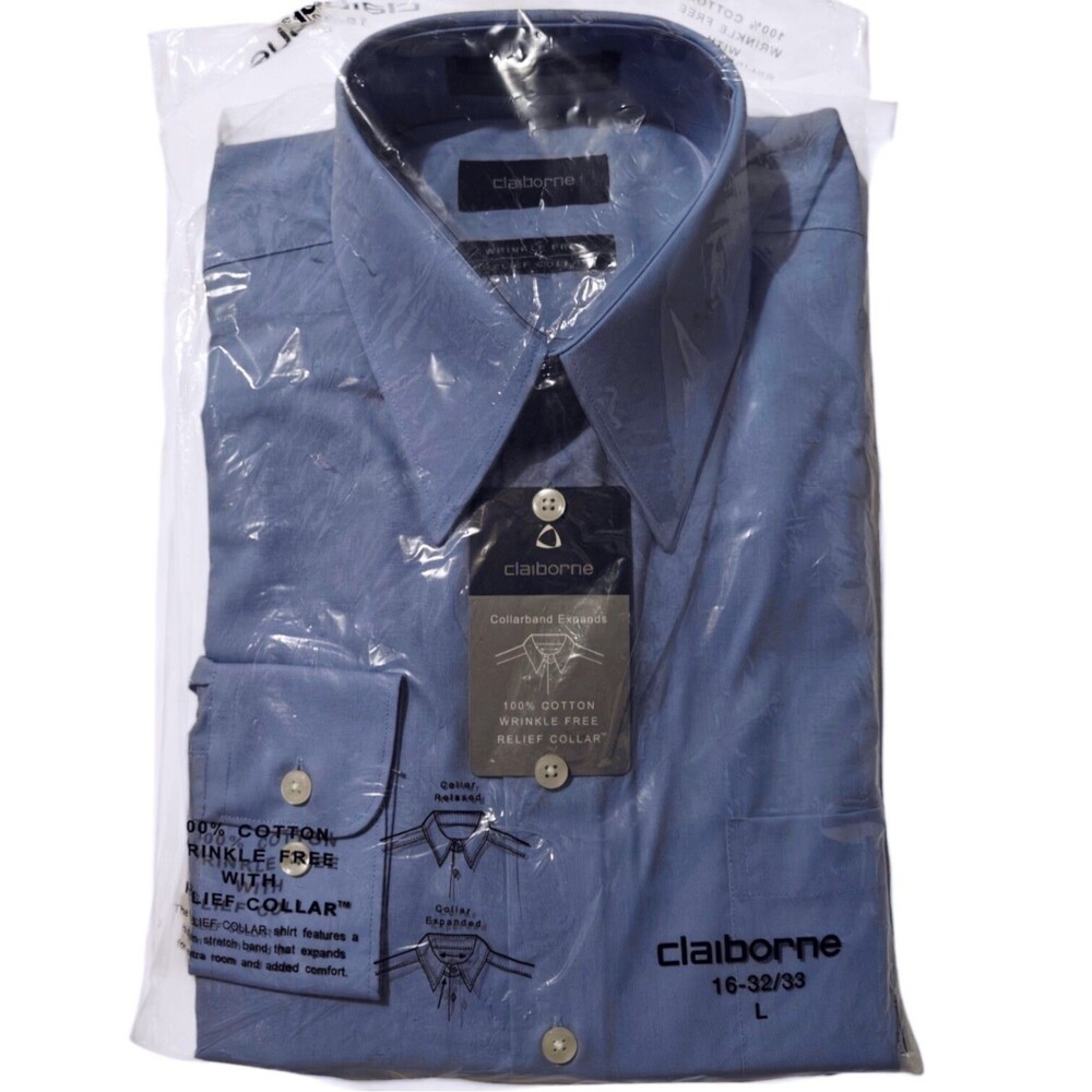 New Blue Claiborne Dress Shirt 16 Large 32/33 Cotton Wrinkle Free NWT Relief